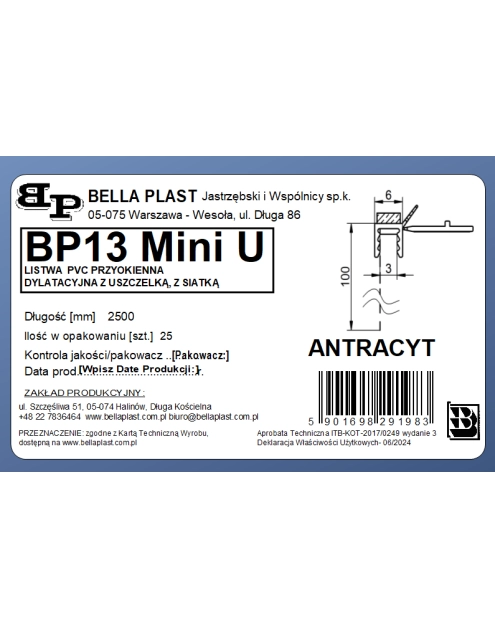 Zdjęcie: Listwa PVC BP13 Mini U L250 6/3 antracyt, z siatką i z uszczelką BELLA PLAST