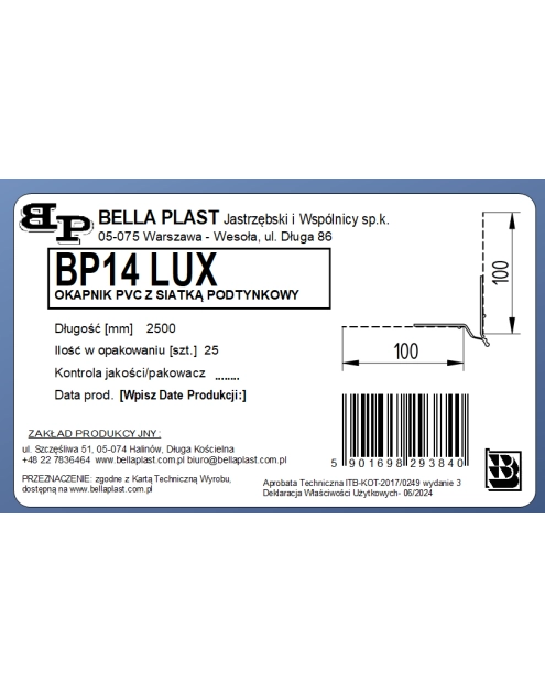 Zdjęcie: Listwa PVC okapnikowa, podtynkowa z siatką BP14 Lux L300 biała BELLA PLAST