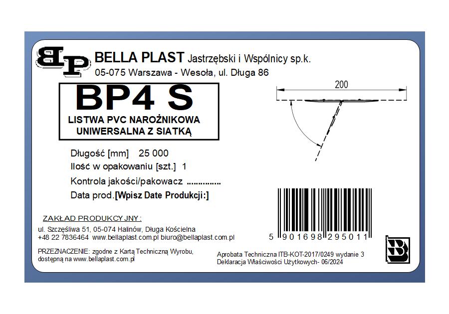Zdjęcie: Kątownik PVC uniwersalny z siatką, na rolce BP4S L25 m BELLA PLAST