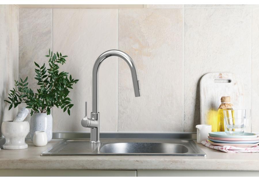 Zdjęcie: Bateria zlewozmywakowa z 2-funkcyjną, wyciąganą wylewką w kształcie litery U, Farsala chrom INVENA