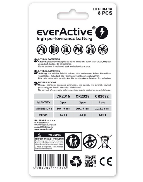 Zdjęcie: Zestaw 8 sztuk baterii litowych CR2032, CR2025, CR2016 EVERACTIVE