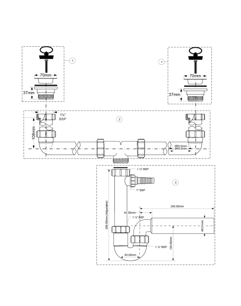 Zdjęcie: Syfon zlewozmywakowy rurowy podwójny 1.1/2 x50 mm z podłączeniem pralki lub zmywarki MCALPINE