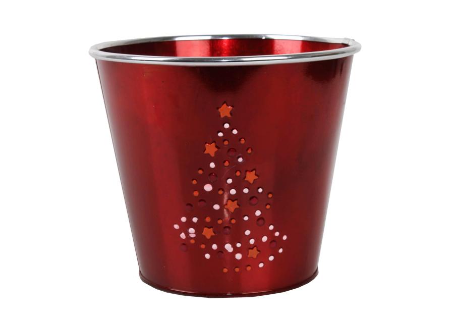 Zdjęcie: Osłonka doniczkowa metalowa z choinką 17,5x17,5x15 cm czerwona świąteczna TIN TOURS