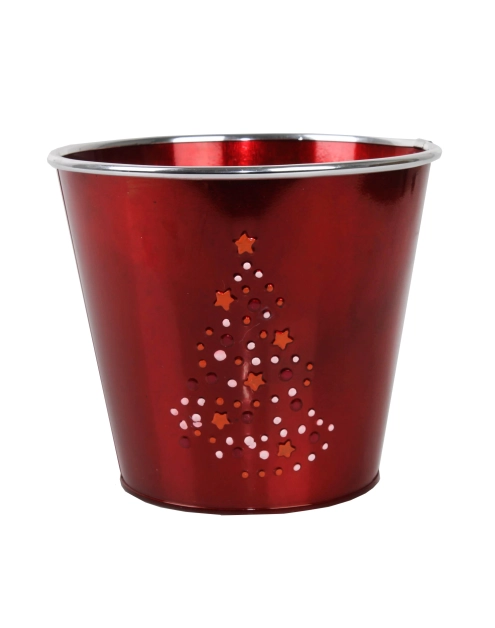 Zdjęcie: Osłonka doniczkowa metalowa z choinką 17,5x17,5x15 cm czerwona świąteczna TIN TOURS