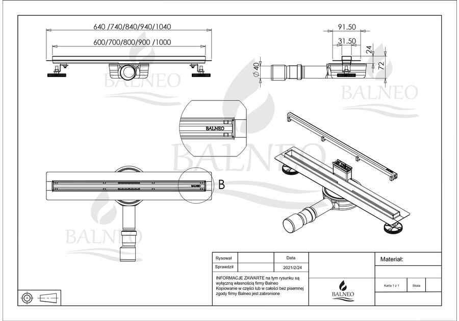 Zdjęcie: Odpływ liniowy prysznicowy Slim & Low ProLine Inox 70 cm (wąski)  BALNEO