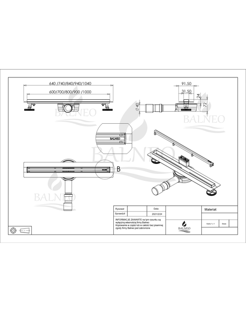 Zdjęcie: Odpływ liniowy prysznicowy Slim & Low ProLine Inox 70 cm (wąski)  BALNEO