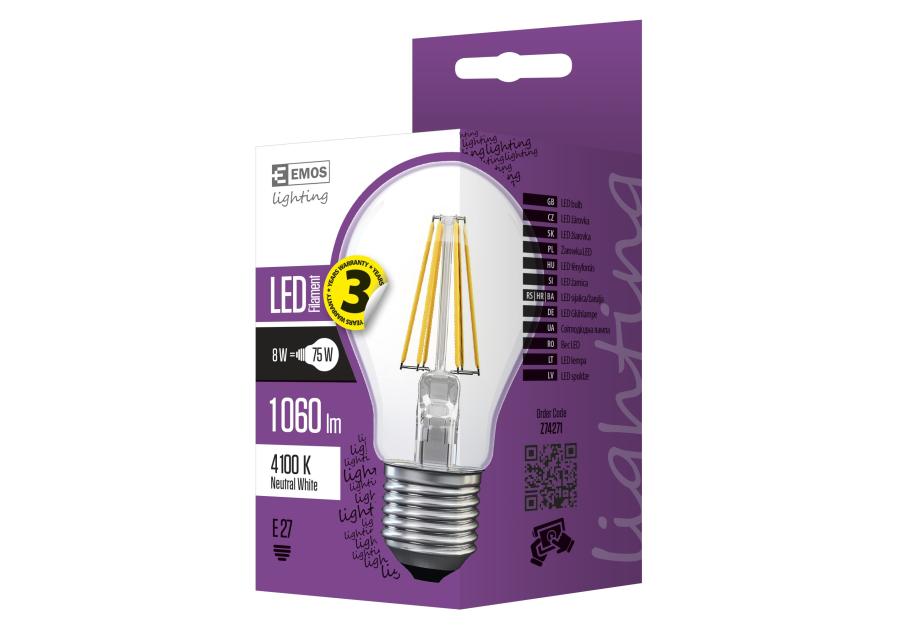 Zdjęcie: Żarówka LED Filament A60, E27, 7 W (75 W), 1 060 lm, neutralna biel EMOS