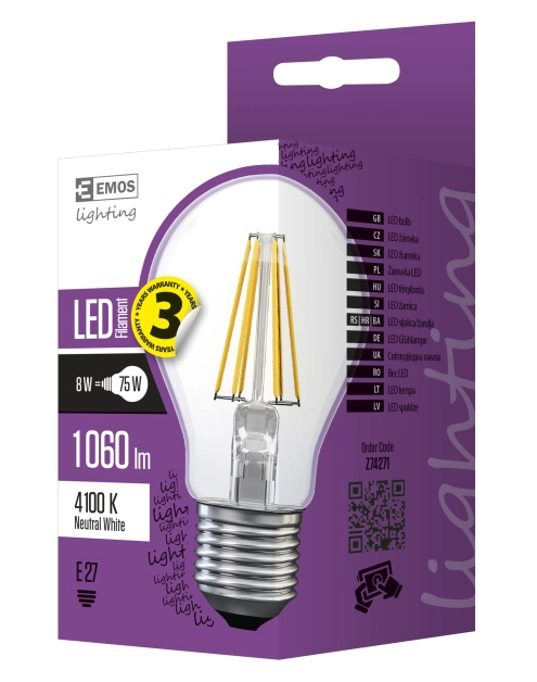 Zdjęcie: Żarówka LED Filament A60, E27, 7 W (75 W), 1 060 lm, neutralna biel EMOS