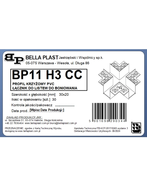 Zdjęcie: Profil krzyżowy PVC BP11 H3 CC biały, łącznik do listew do boniowania BP11 H3 BELLA PLAST