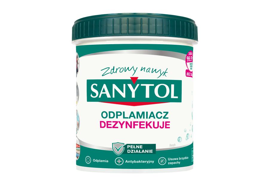 Zdjęcie: Odplamiacz dezynfekujący w proszku do tkanin białych i kolorowych 450 g SANYTOL