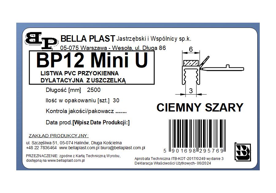 Zdjęcie: Listwa PVC BP12 Mini U L250 6/3 szary ciemny, tynkarska z uszczelką BELLA PLAST