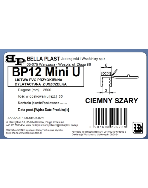 Zdjęcie: Listwa PVC BP12 Mini U L250 6/3 szary ciemny, tynkarska z uszczelką BELLA PLAST