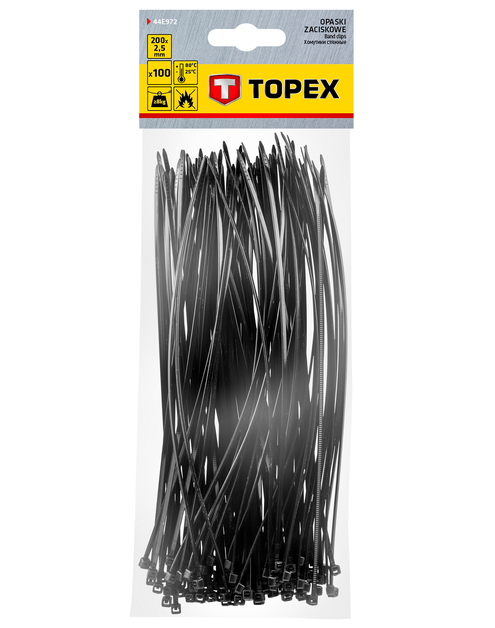 Zdjęcie: Opaski zaciskowe 2.5 x 200 mm, 100 szt., czarne TOPEX