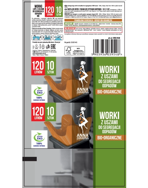 Zdjęcie: Worki na śmieci z uszami do segregacji bio ldpe 120 L - 10 szt. brązowe ANNA ZARADNA