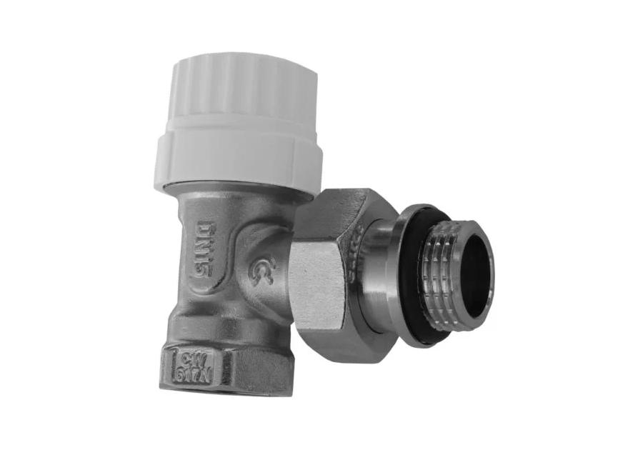 Zdjęcie: Zawór na zawieszce grzejnikowy termostatyczny zasilający kątowy 1/2" z nastawą i o-ringiem CALIDO