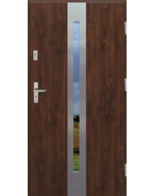 Zdjęcie: Drzwi zewnętrzne stalowo-drewniane Disting Otello 08 Orzech 90 cm prawe zamek listwowy KR CENTER