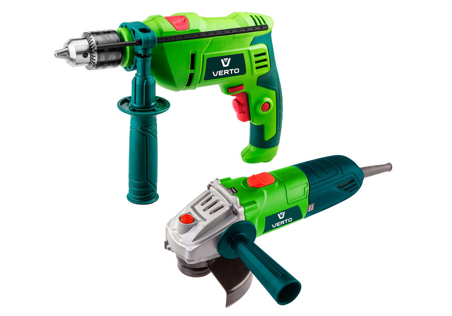 Zdjęcie: Zestaw elektronarzędzi: wiertarka udarowa 500 W + szlifierka kątowa 500W, walizka VERTO