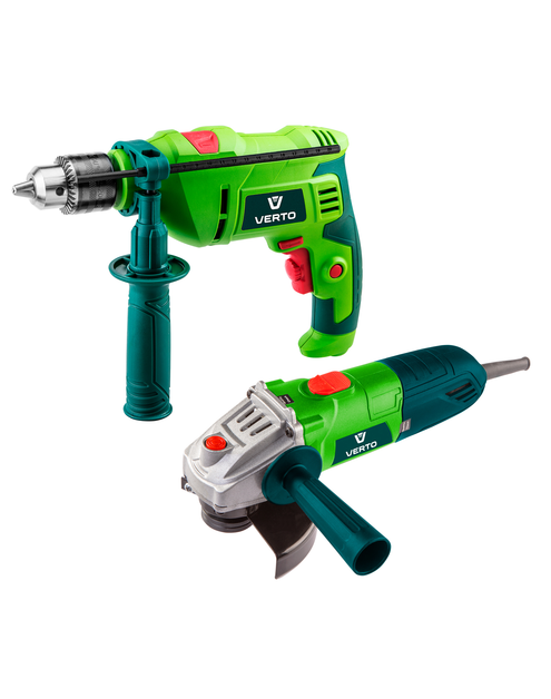 Zdjęcie: Zestaw elektronarzędzi: wiertarka udarowa 500 W + szlifierka kątowa 500W, walizka VERTO