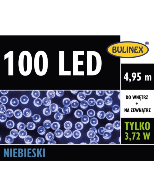 Zdjęcie: Lampki choinkowe LED 4,95 m niebieskie 100 lampek zielony przewód BULINEX