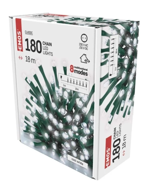 Zdjęcie: Lampki choinkowe 180 LED 18 m, zimna biel, 8 programów, IP44 EMOS