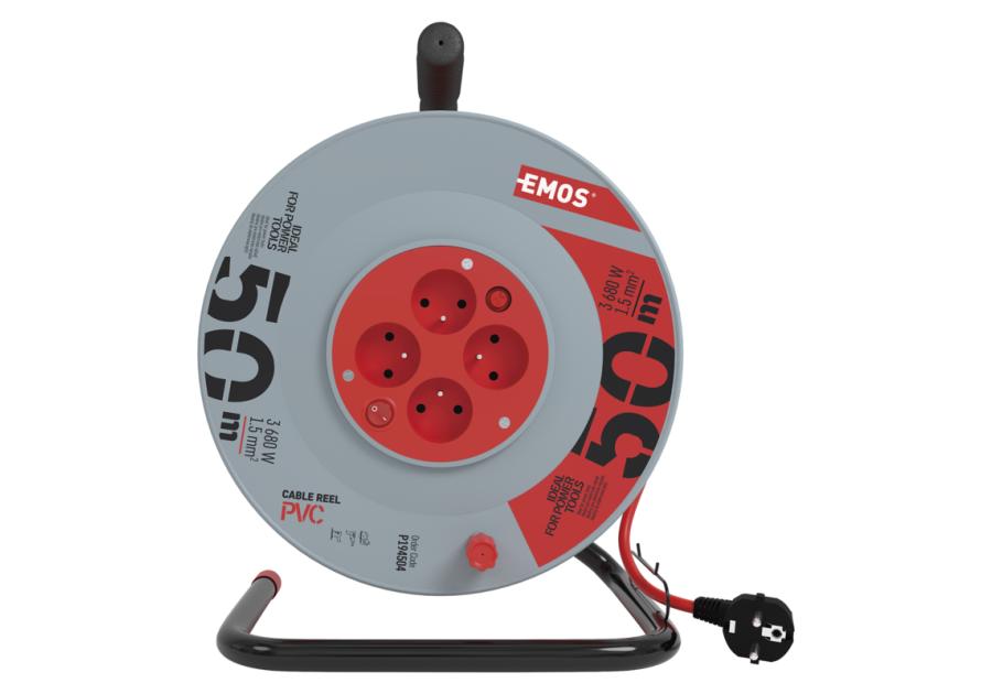 Zdjęcie: Przedłużacz zwijany 50 m, 4 gniazda, z wyłącznikiem, czerwony, PVC, 230 V, 1,5 mm2 EMOS