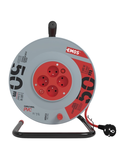 Zdjęcie: Przedłużacz zwijany 50 m, 4 gniazda, z wyłącznikiem, czerwony, PVC, 230 V, 1,5 mm2 EMOS