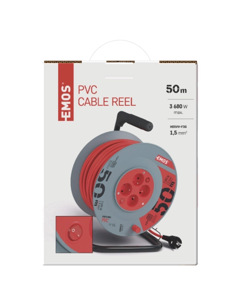 Zdjęcie: Przedłużacz zwijany 50 m, 4 gniazda, z wyłącznikiem, czerwony, PVC, 230 V, 1,5 mm2 EMOS