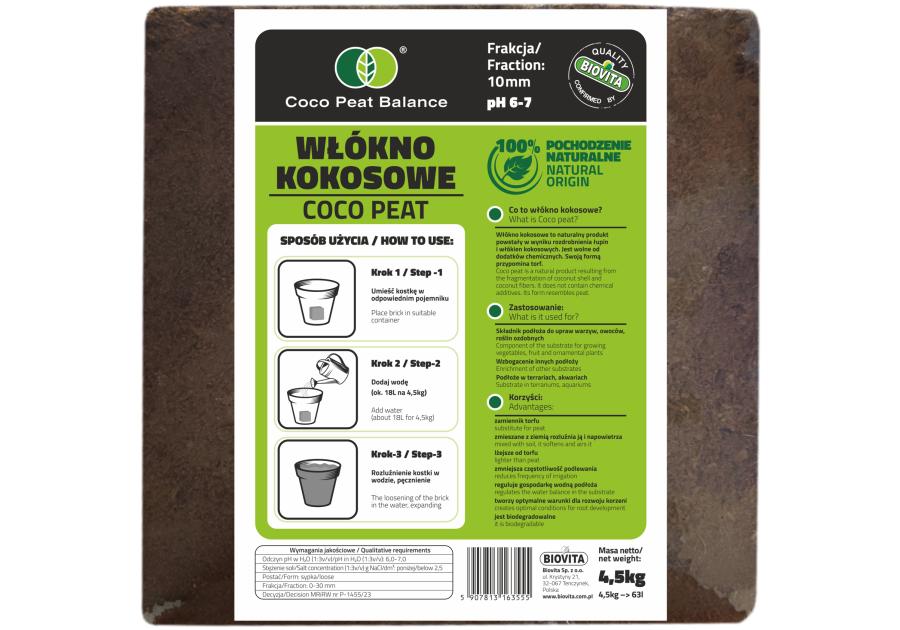 Zdjęcie: Włókno kokosowe COCO peat 10 mm brykiet 4,5kg 63L BIOVITA