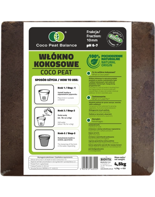 Zdjęcie: Włókno kokosowe COCO peat 10 mm brykiet 4,5kg 63L BIOVITA