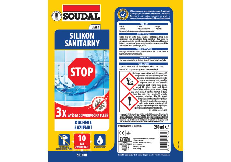 Zdjęcie: Silikon sanitarny STOP biały 280 ml SOUDAL