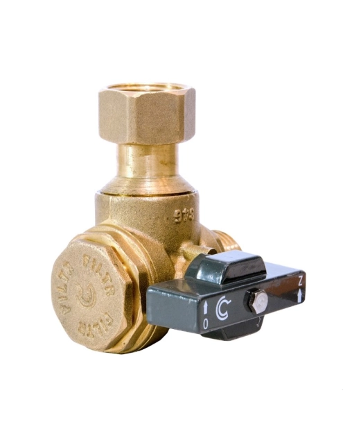 Zdjęcie: Zawór kulowy kątowy do podłączenia kotła gazowego z filtrem i zaworem zwrotnym 1/2" CALIDO