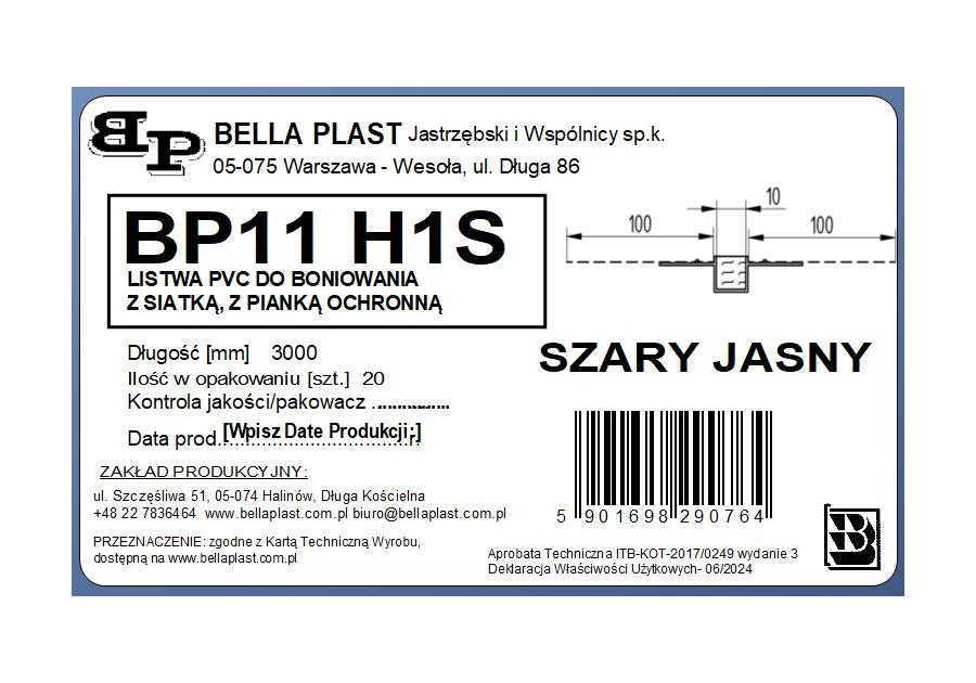 Zdjęcie: Listwa do boniowania PVC z siatką BP11 H1S L300 szary jasny BELLA PLAST