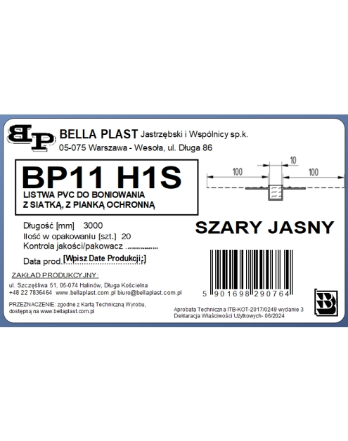 Zdjęcie: Listwa do boniowania PVC z siatką BP11 H1S L300 szary jasny BELLA PLAST