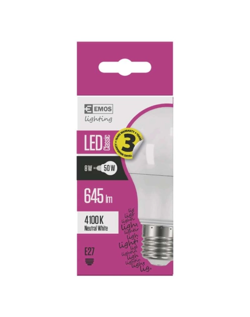 Zdjęcie: Żarówka LED Classic A60, E27, 7,3 W (50 W), 645 lm, neutralna biel EMOS