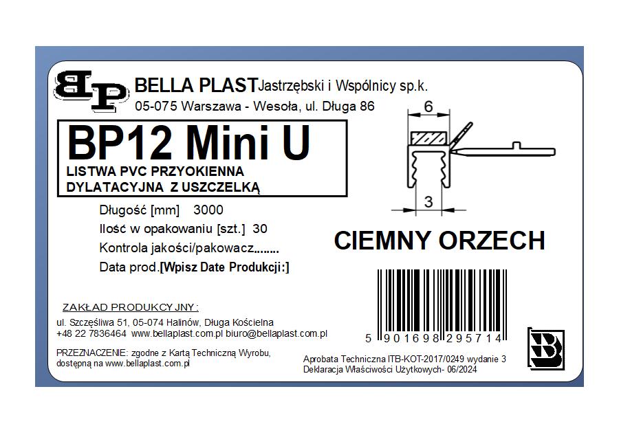 Zdjęcie: Listwa PVC BP12 Mini U L300 6/3 orzech ciemny, tynk z uszczelką BELLA PLAST