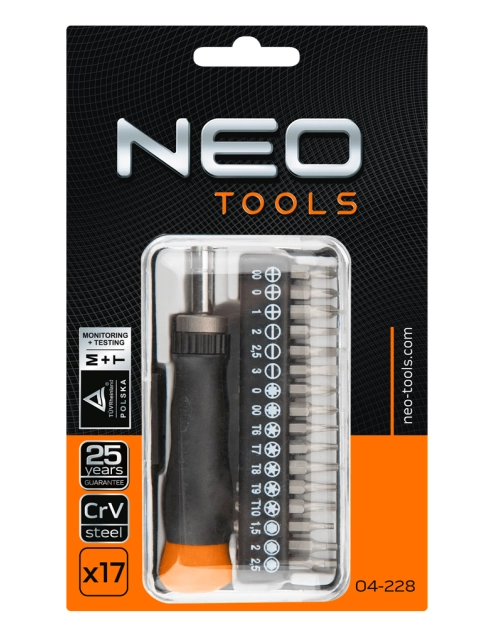 Zdjęcie: Końcówki wkrętakowe precyzyjne z uchwytem, zestaw 17 sztuk NEO