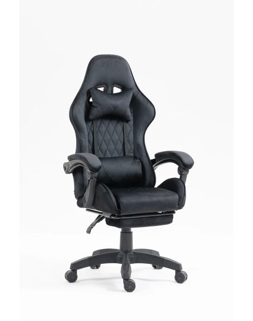 Zdjęcie: Fotel gamingowy Prado z podnóżkiem tapicerowany tkanina welur czarny TS INTERIOR