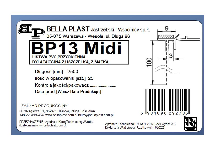 Zdjęcie: Listwa PVC BP13 Midi L250 9/3 biały, dylatacyjna, z siatką i z uszczelką BELLA PLAST