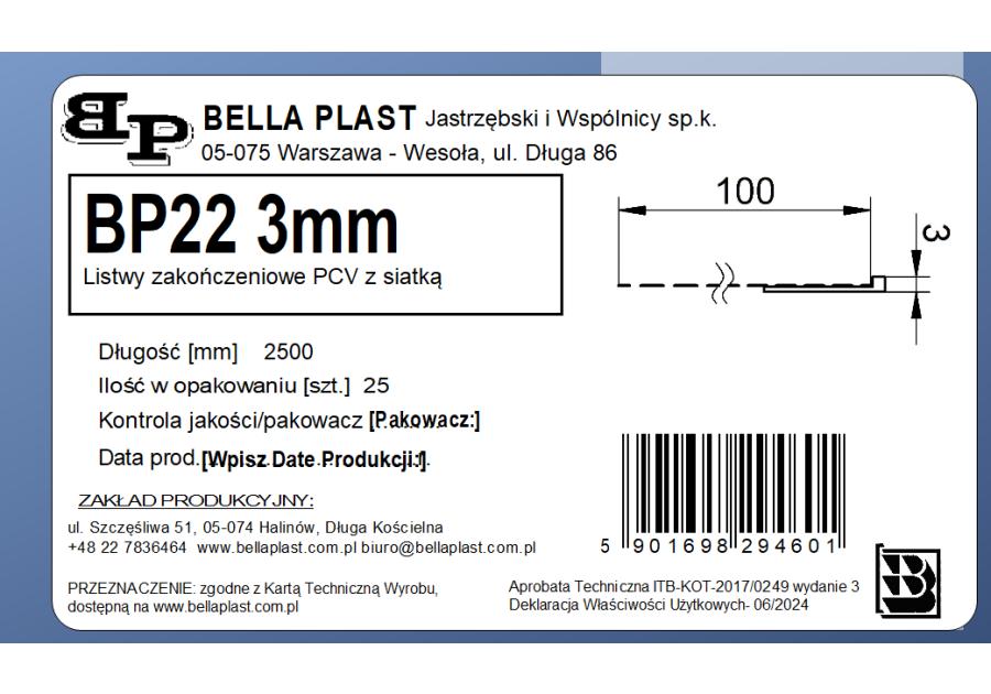 Zdjęcie: Listwa PVC zakończeniowa z siatką BP22 L250 3 mm biała BELLA PLAST