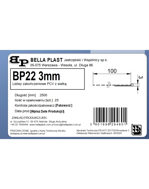 Zdjęcie: Listwa PVC zakończeniowa z siatką BP22 L250 3 mm biała BELLA PLAST