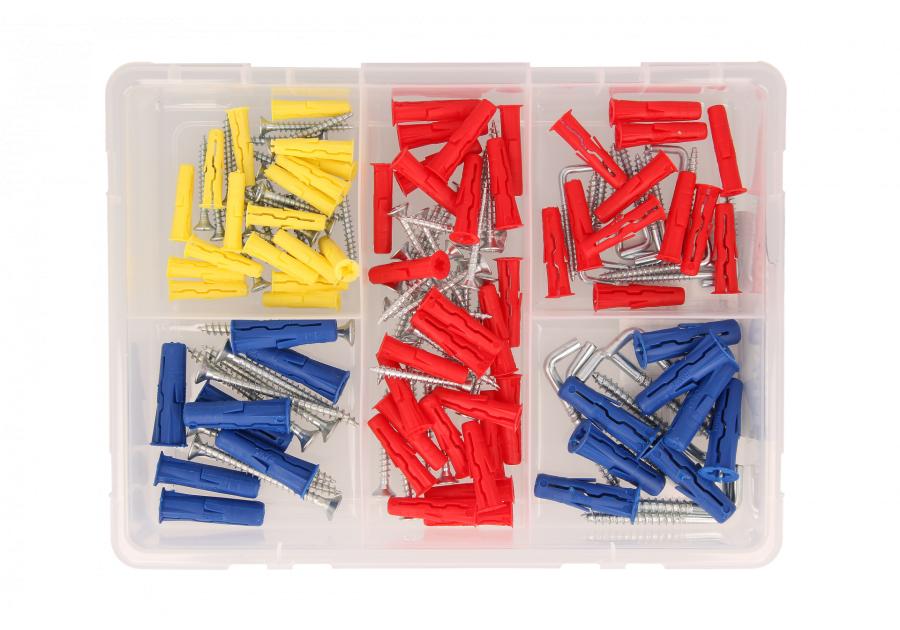 Zdjęcie: Zestaw kołków uniwersalnych UNO 5x24 mm 6x28 mm 8x32 mm z wkrętami i hakami 144 elementy RAWLPLUG