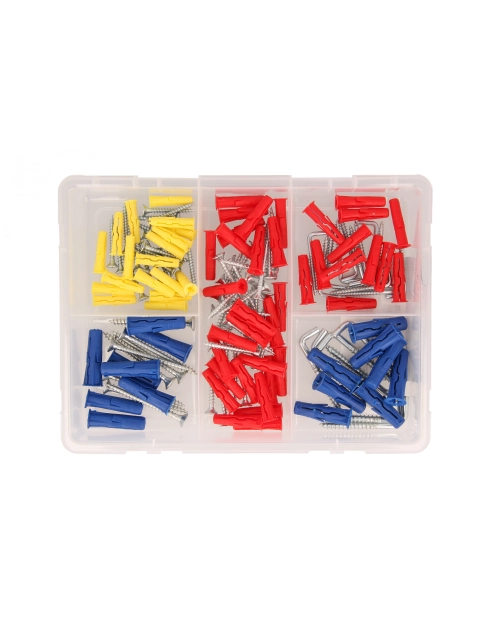 Zdjęcie: Zestaw kołków uniwersalnych UNO 5x24 mm 6x28 mm 8x32 mm z wkrętami i hakami 144 elementy RAWLPLUG