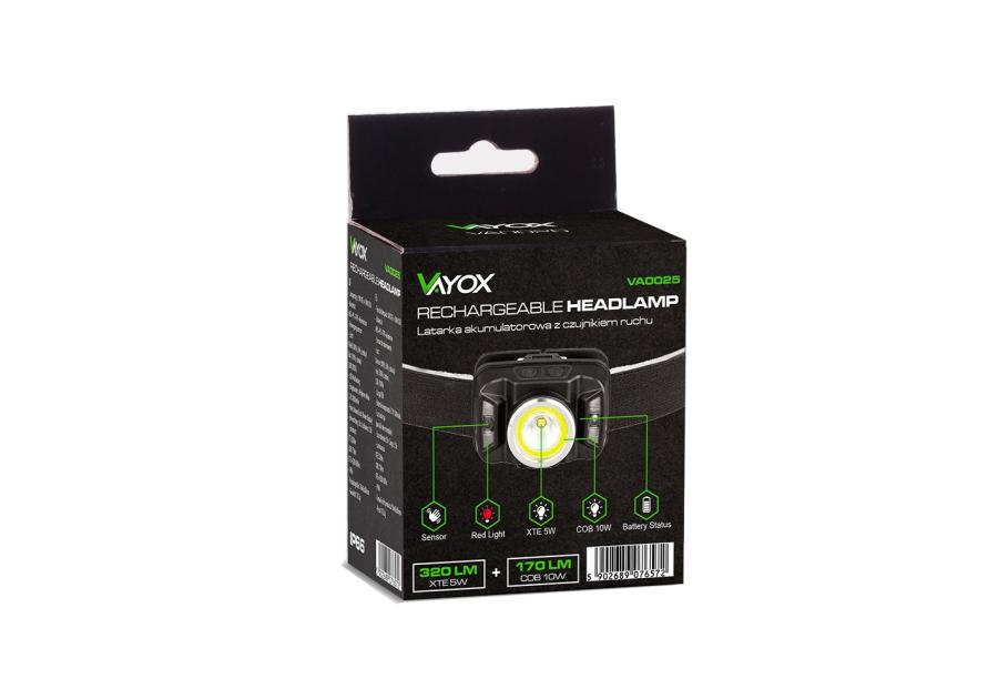 Zdjęcie: Latarka czołowa akumulatorowa z czujnikiem ruchu XTE 5W + COB 10 W VA0025 VAYOX