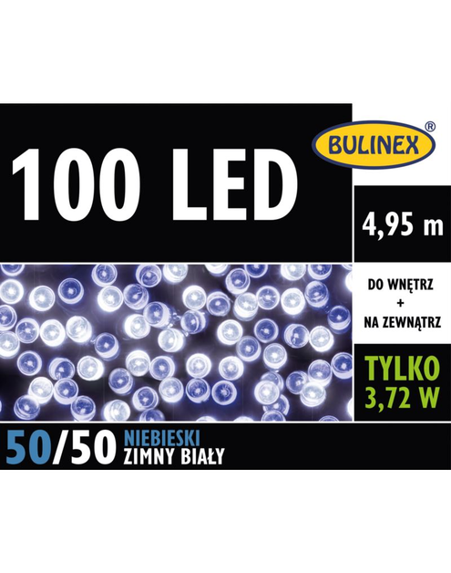 Zdjęcie: Lampki choinkowe LED 4,95 m niebieskie/zimny biały 100 lampek zielony przewód BULINEX