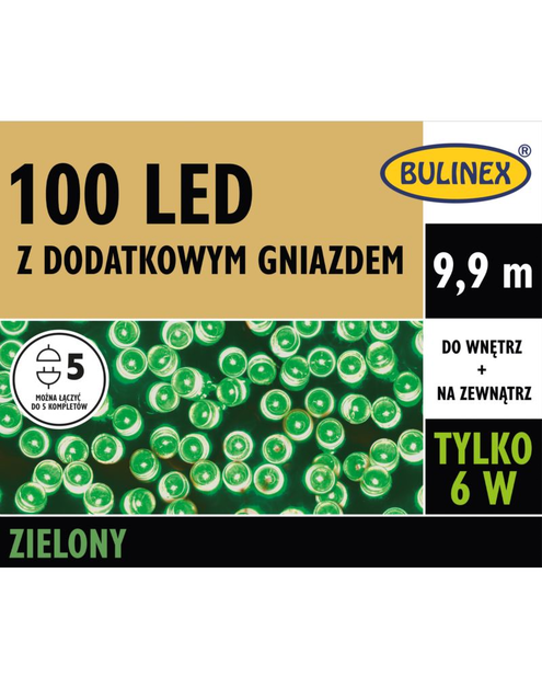 Zdjęcie: Lampki LED z dodatkowym gniazdem 9,9 m zielone 100 lampek BULINEX