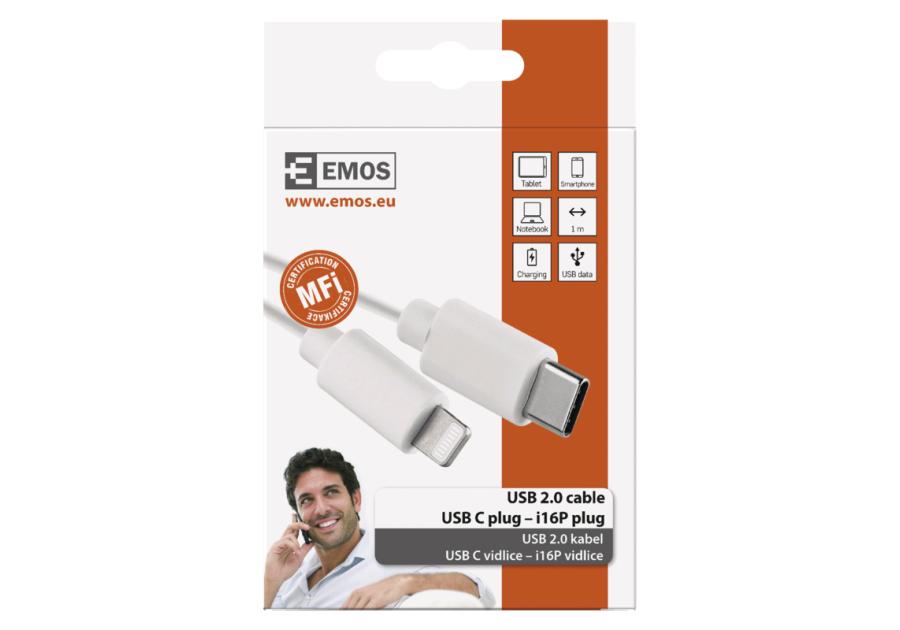 Zdjęcie: Kabel Usb 2.0, wtyk C - Lightning MFi, i16P, ładowanie, transmisja danych, 1 m, biały EMOS