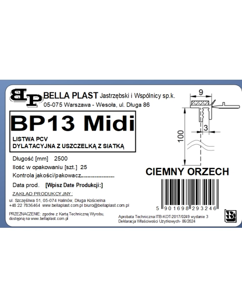Zdjęcie: Listwa PVC BP13 Midi L250 9/3 orzech ciemny, z siatką i z uszczelką BELLA PLAST