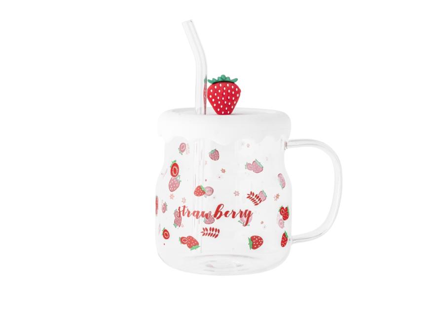 Zdjęcie: Kubek szklany z silikonową pokrywką i szklaną słomką 600 ml dekoracja truskawka ALTOM DESIGN