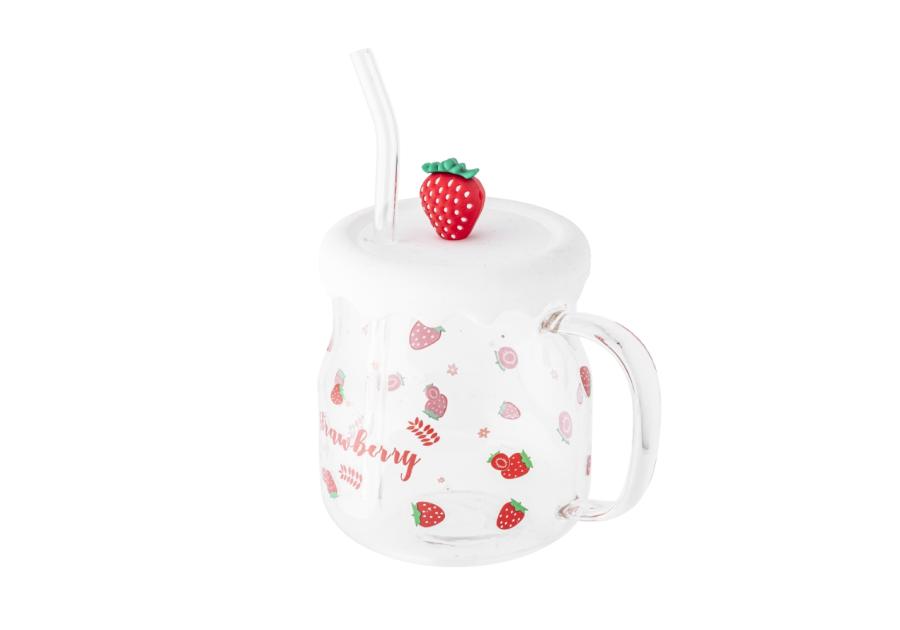 Zdjęcie: Kubek szklany z silikonową pokrywką i szklaną słomką 600 ml dekoracja truskawka ALTOM DESIGN