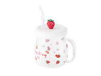 Zdjęcie: Kubek szklany z silikonową pokrywką i szklaną słomką 600 ml dekoracja truskawka ALTOM DESIGN